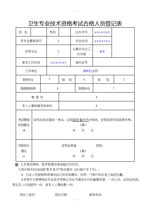 卫生专业技术资格考试合格人员登记表52674