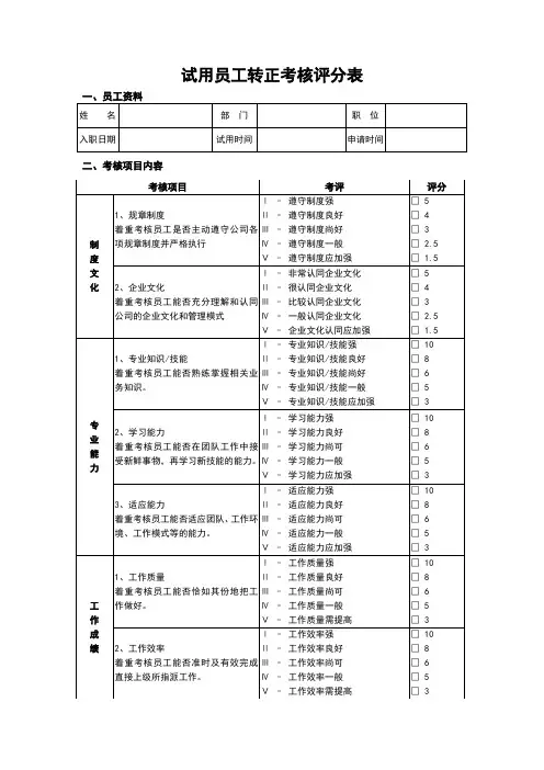 员工转正考核评分表(标准版)