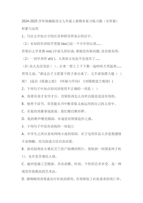 2024.docx2024-2025学年统编版语文九年级上册期末复习练习题(含答案)