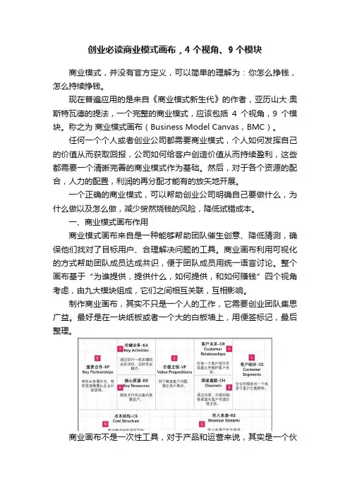 创业必读商业模式画布，4个视角、9个模块