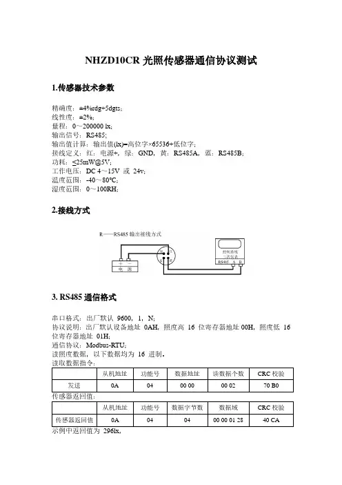 NHZD10CR光照传感器通信协议测试