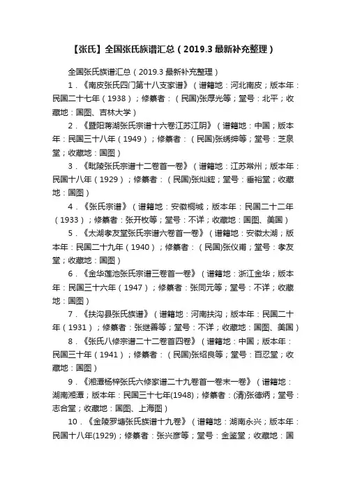 【张氏】全国张氏族谱汇总（2019.3最新补充整理）