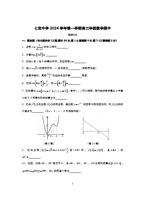 2024-2025学年上海七宝中学高三上学期数学期中试卷及答案(2024.11)