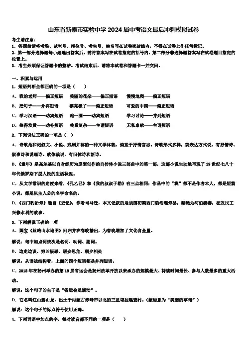 山东省新泰市实验中学2024届中考语文最后冲刺模拟试卷含解析