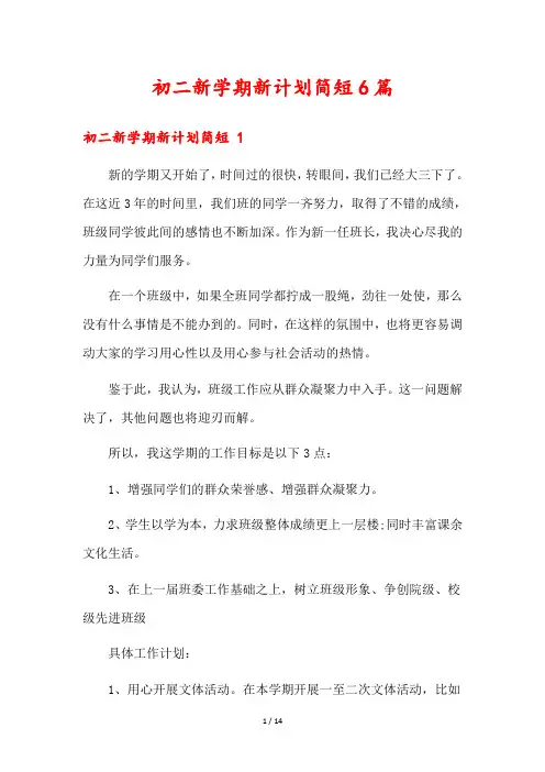 初二新学期新计划简短6篇