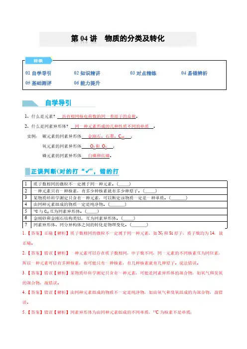 第04讲 物质的分类及转化-2024年初升高化学衔接讲义(人教版2019)(教师版)