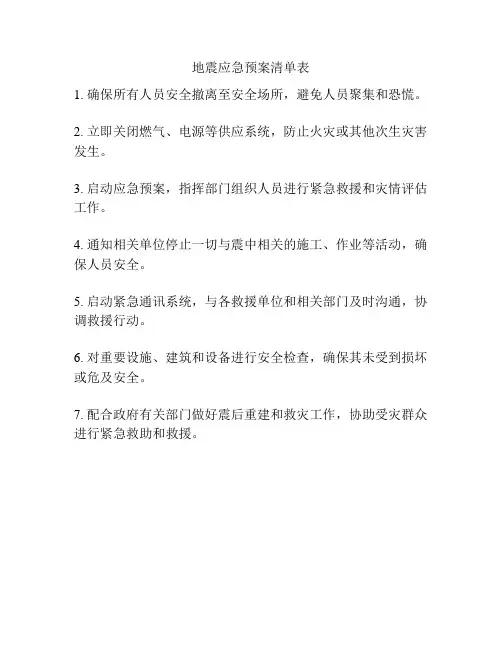 地震应急预案清单表