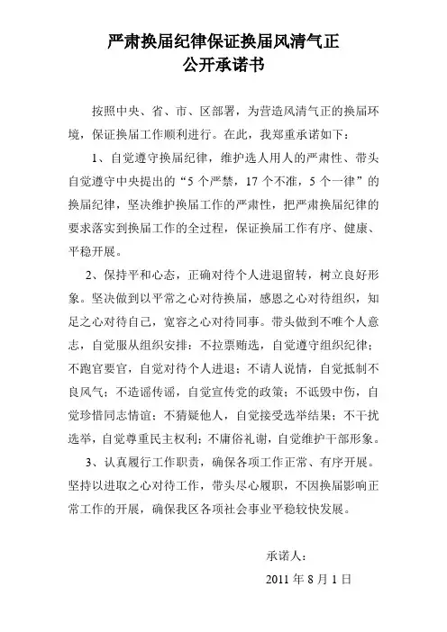 严肃换届纪律保证换届风清气正公开承诺书