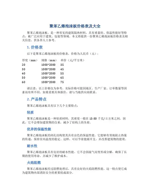 聚苯乙烯泡沫板价格表及大全