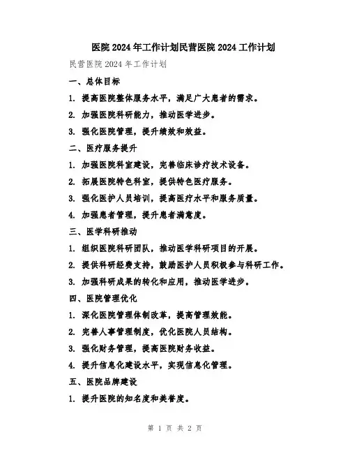医院2024年工作计划民营医院2024工作计划