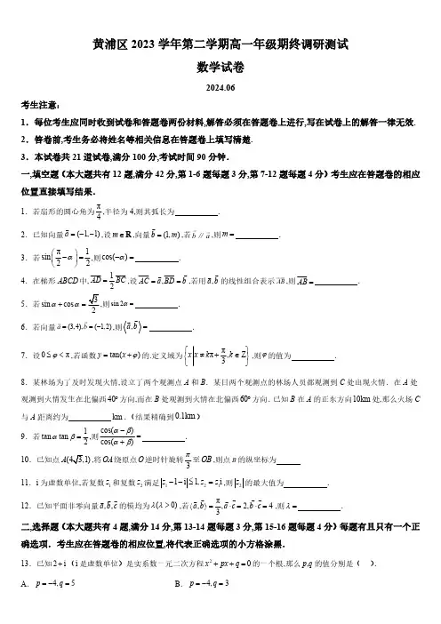 2023-2024学年上海市黄浦区2023~2024学年高一下学期期末考试数学试卷含详解