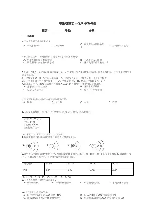 安徽初三初中化学中考模拟带答案解析
