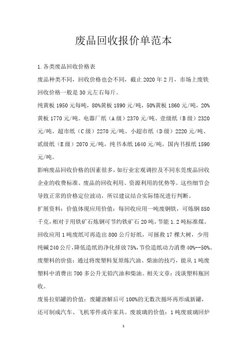 废品回收报价单范本