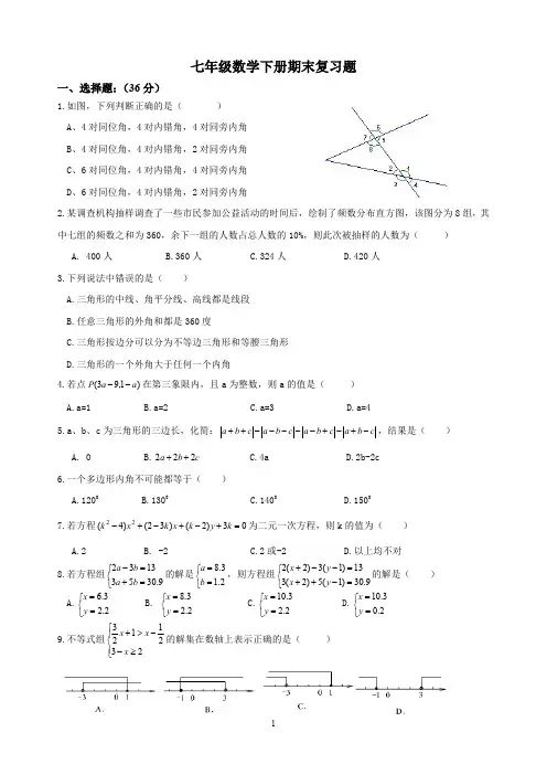 精品 七年级数学下册 期末复习题