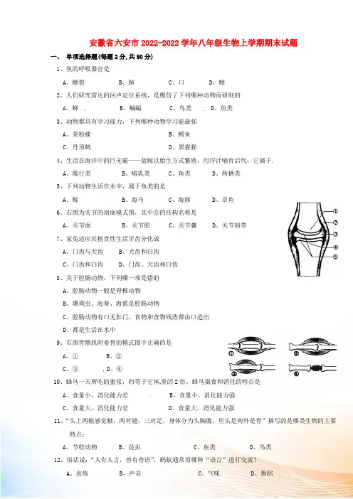 安徽省六安市2022-2022学年八年级生物上学期期末试题
