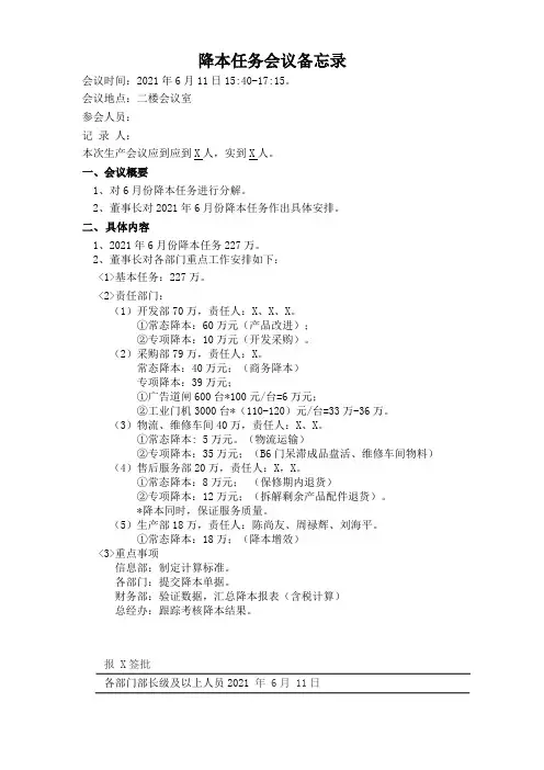 降本任务会议备忘录(参考模板)