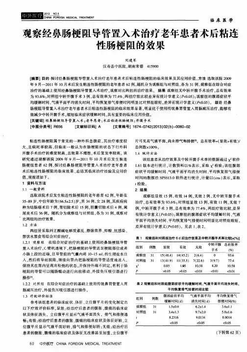 观察经鼻肠梗阻导管置入术治疗老年患者术后粘连性肠梗阻的效果