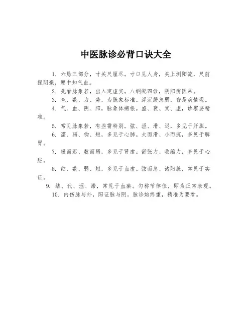 中医脉诊必背口诀大全