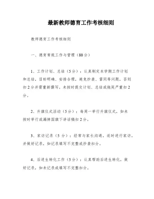 最新教师德育工作考核细则