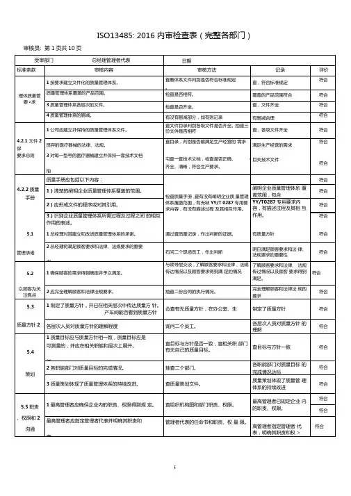 ISO134852016内审检查表完整各部门