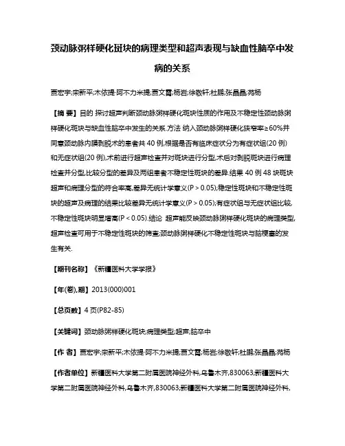 颈动脉粥样硬化斑块的病理类型和超声表现与缺血性脑卒中发病的关系