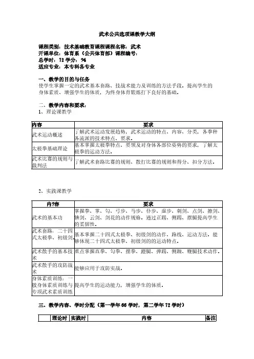 武术公共选项课教学大纲