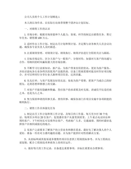 2020公司人员的个人工作计划五篇精选