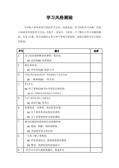 学习方法(风格)测验表