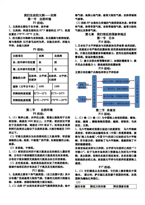 七年级下册地理课后活动参考答案(人教版)
