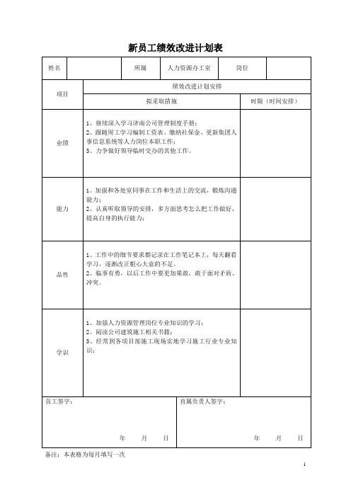 新员工绩效改进计划表(每月一次)