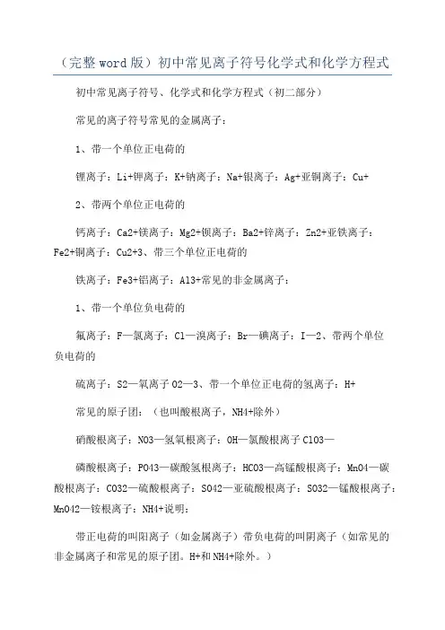 (完整word版)初中常见离子符号化学式和化学方程式