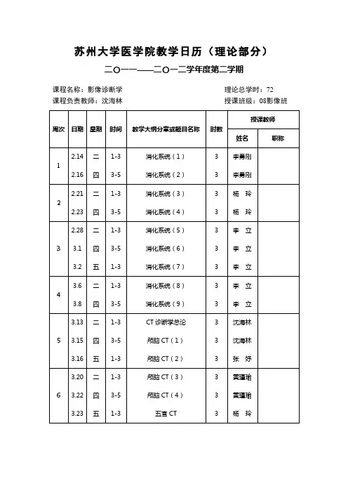 影像诊断教学日历