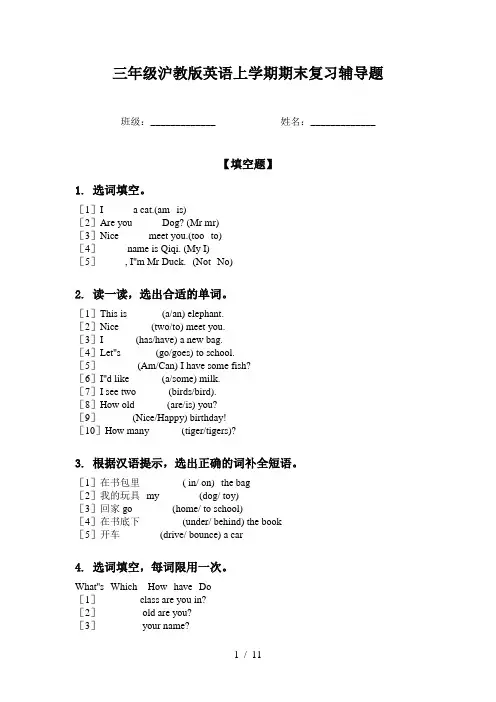 三年级沪教版英语上学期期末复习辅导题