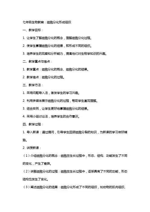 七年级生物教案：细胞分化形成组织