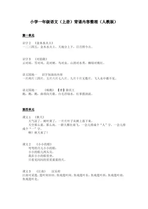 小学一年级语文(上册)背诵最新内容整理(人教版)