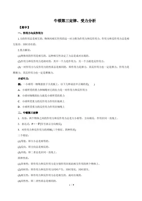 牛顿第三定律、受力分析(解析版)