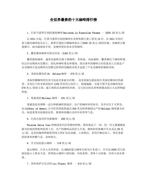 全世界最贵的十大咖啡排行榜