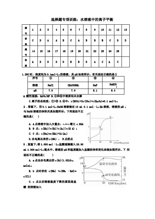 高三化学水溶液离子平衡选择题有答案
