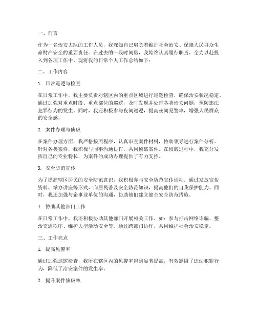 治安大队日常个人工作总结
