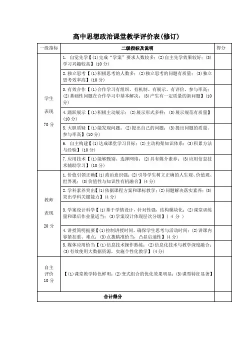 高中思想政治课堂教学评价表