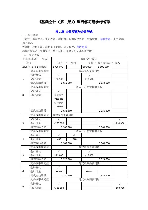 《基础会计(第二版)》课后习题参考答案