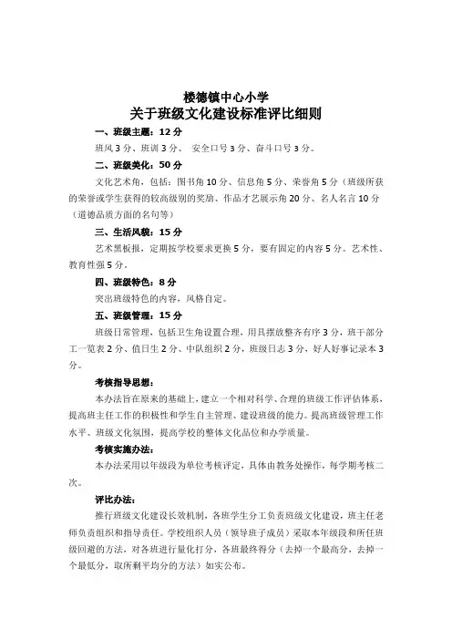 小学班级文化建设标准班评比细则