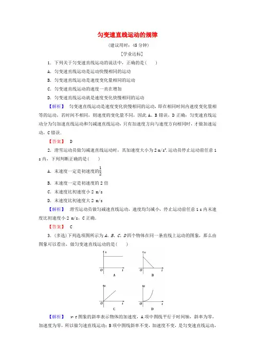 2016-2017学年高中物理第3章匀变速直线运动的研究第1节匀变速直线运动的规律学业分层测评鲁科版必修1