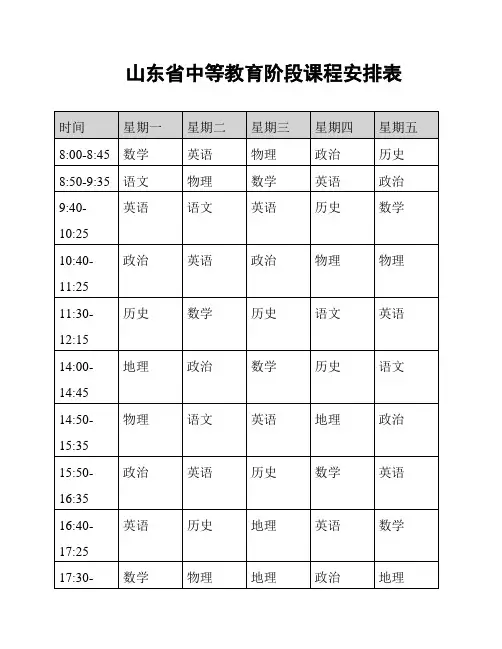 山东省中等教育阶段课程安排表