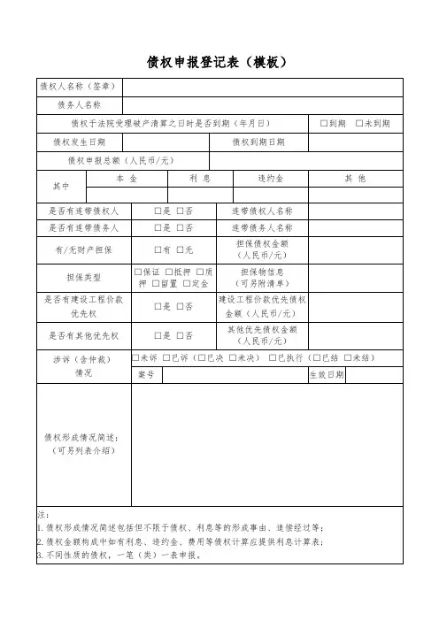 3-债权申报登记表(模板)