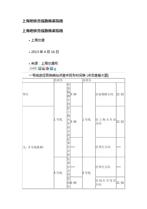 上海地铁各线路换乘指南