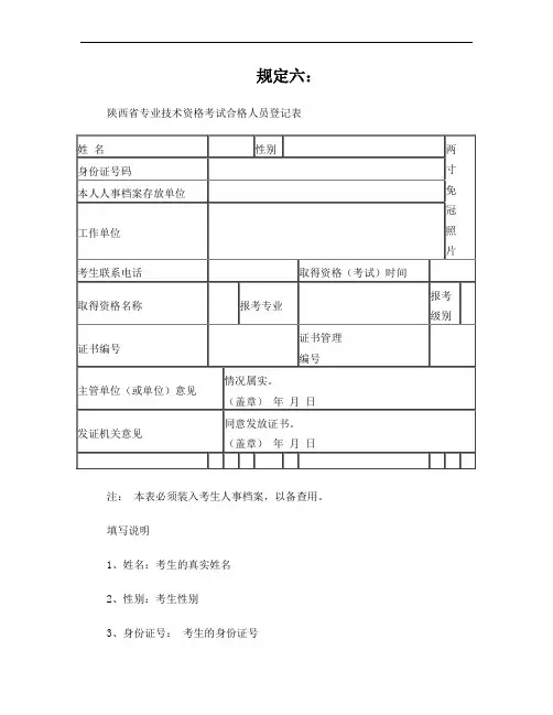 陕西省专业技术资格考试合格人员登记表