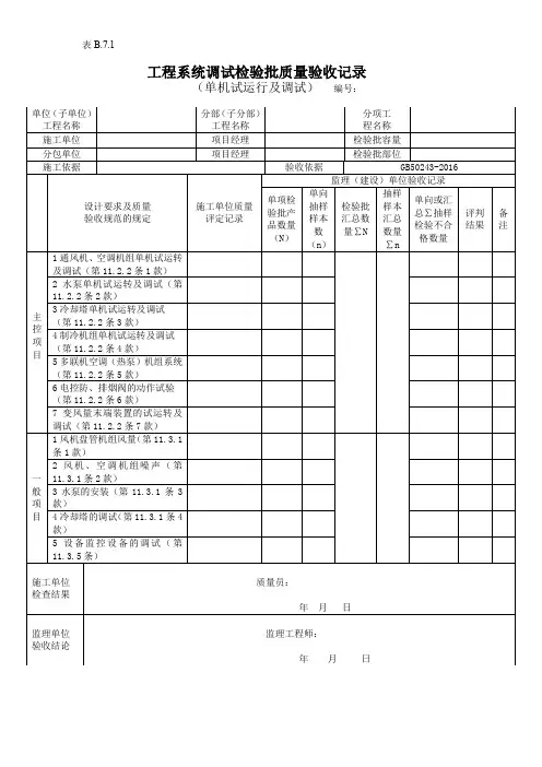 工程系统调试检验批质量验收记录(单机试运行及调试)
