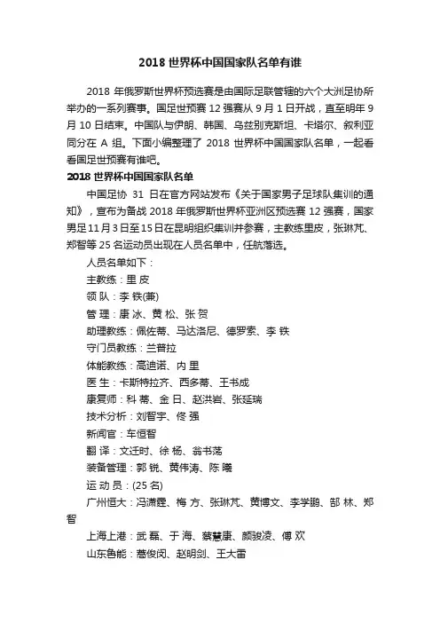 2018世界杯中国国家队名单有谁