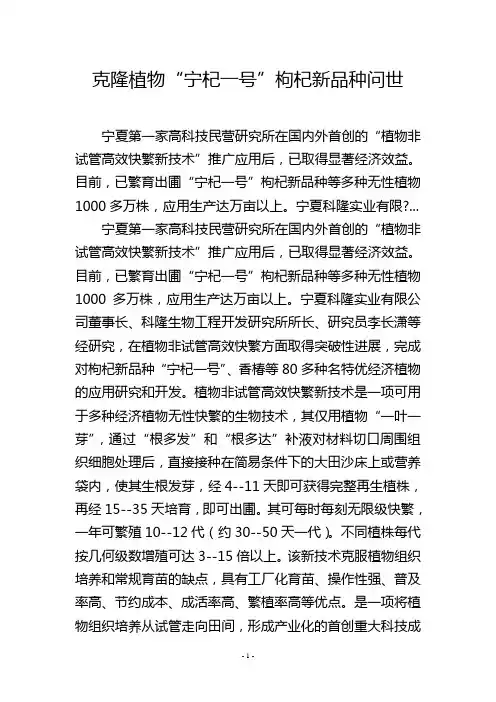 克隆植物“宁杞一号”枸杞新品种问世